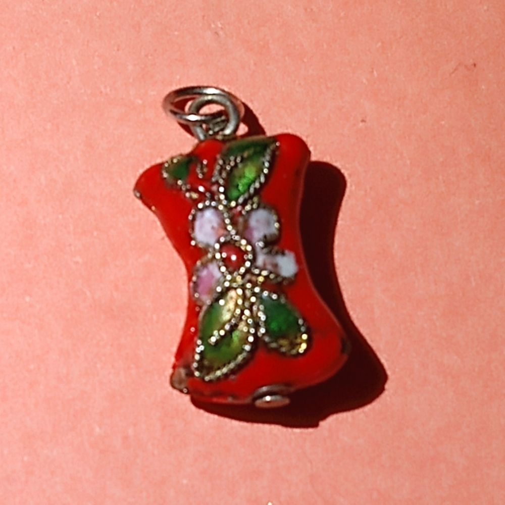 Vintage vibrant red cloisonne pendant with hand painted design on both sides